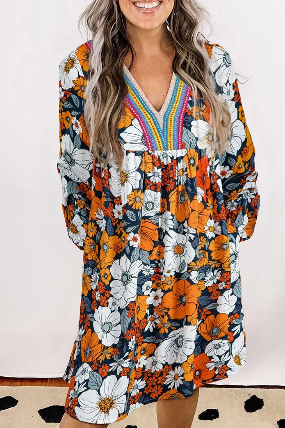 Boho Floral Print V-Neck Mini Dress with Pockets - Bitsy Gypsy Boutique