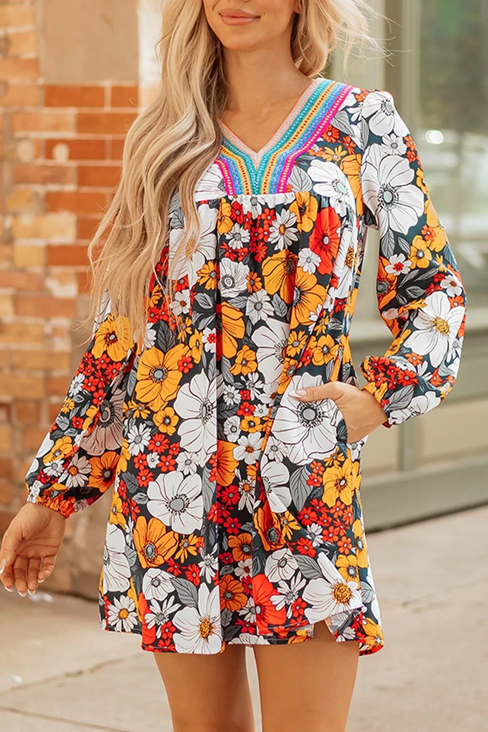 Boho Floral Print V-Neck Mini Dress with Pockets - Bitsy Gypsy Boutique