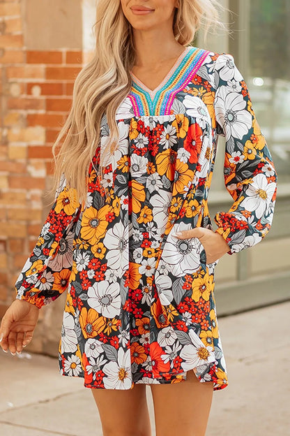 Boho Floral Print V-Neck Mini Dress with Pockets - Bitsy Gypsy Boutique