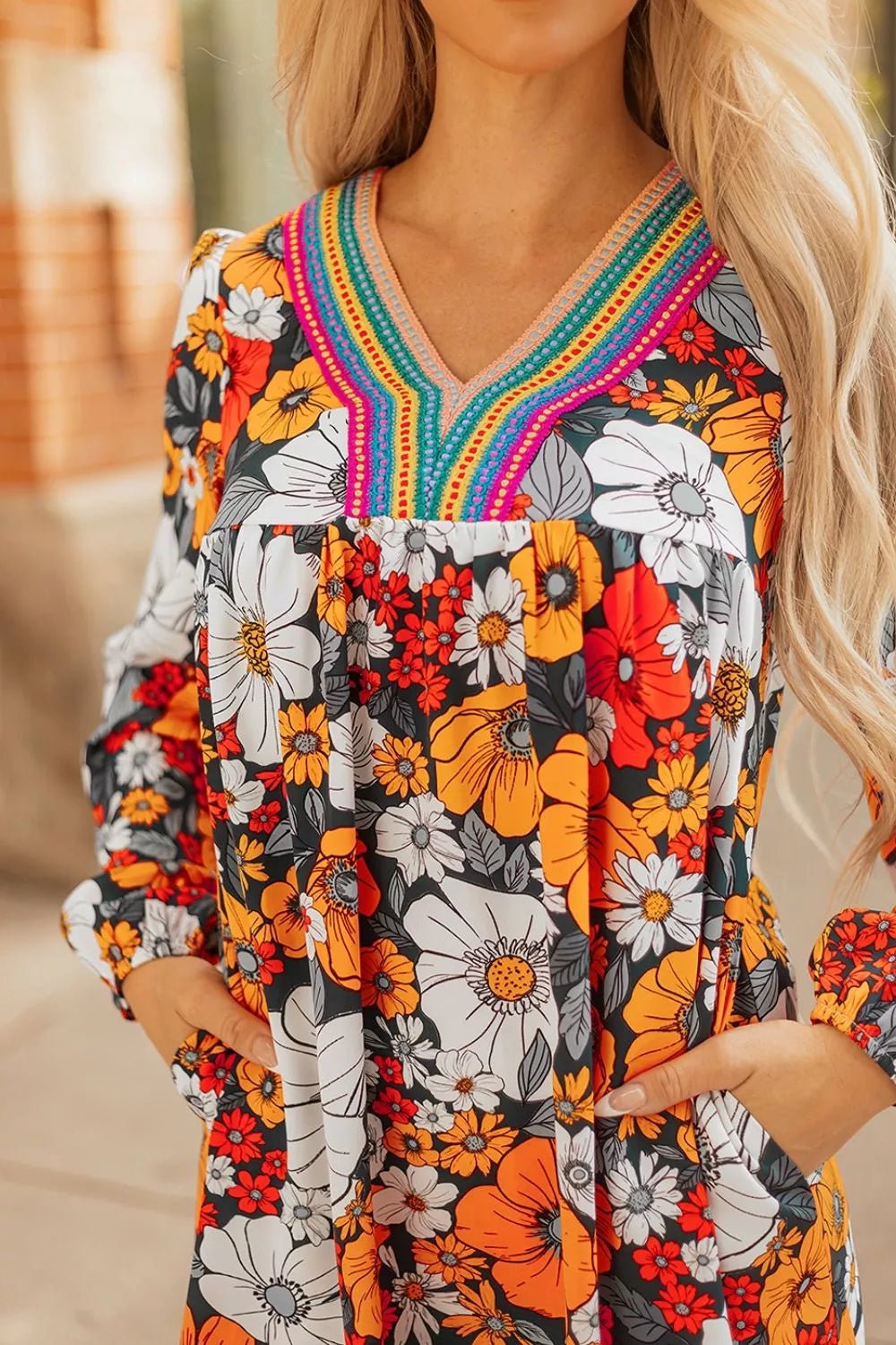 Boho Floral Print V-Neck Mini Dress with Pockets - Bitsy Gypsy Boutique
