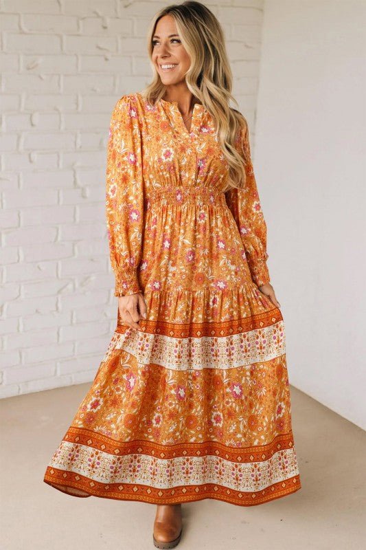 Boho Floral Smocked Waist Long Sleeve Maxi Dress - Bitsy Gypsy Boutique