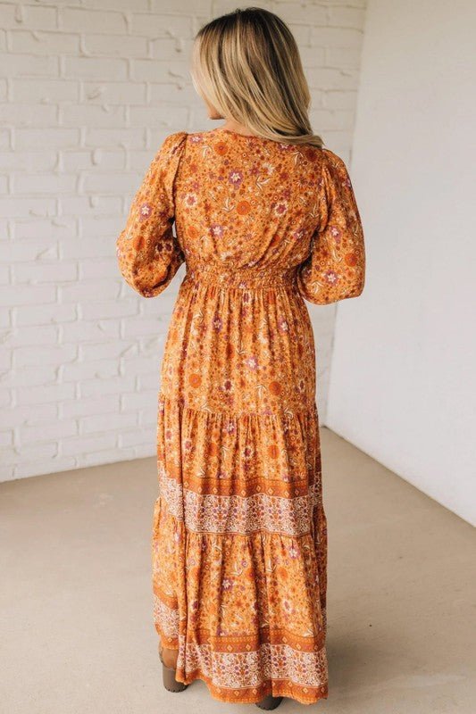 Boho Floral Smocked Waist Long Sleeve Maxi Dress - Bitsy Gypsy Boutique