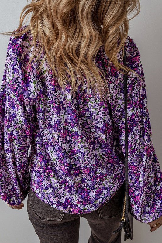 Boho Flower Split V Neck Bubble Sleeve Blouse - Bitsy Gypsy Boutique