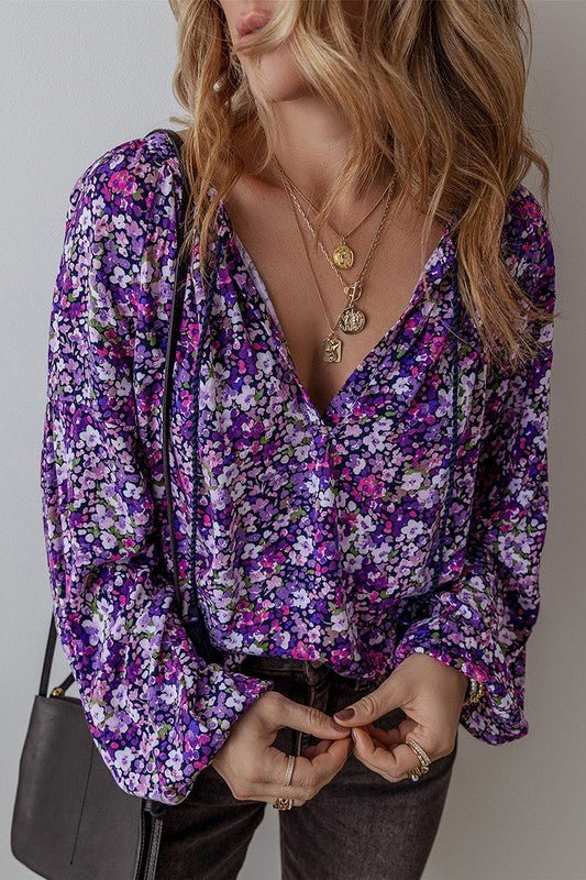 Boho Flower Split V Neck Bubble Sleeve Blouse - Bitsy Gypsy Boutique