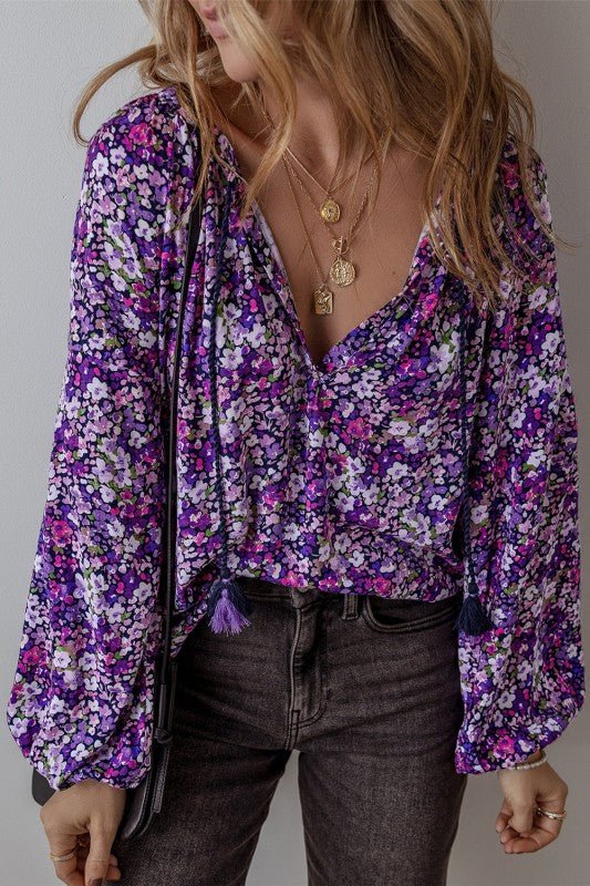 Boho Flower V - Neck Bubble Sleeve Top - Bitsy Gypsy Boutique