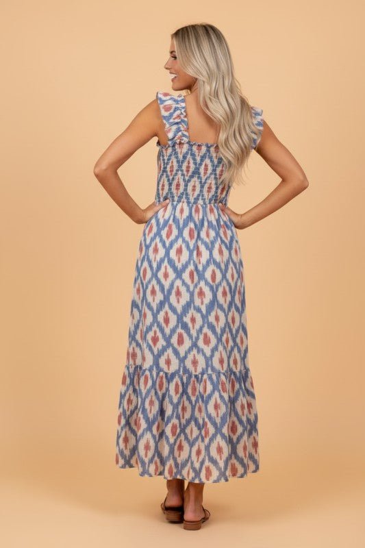 Boho Geometric Smocked Square Neck Ruffle Dress - Bitsy Gypsy Boutique