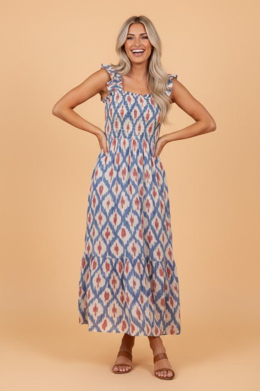 Boho Geometric Smocked Square Neck Ruffle Dress - Bitsy Gypsy Boutique