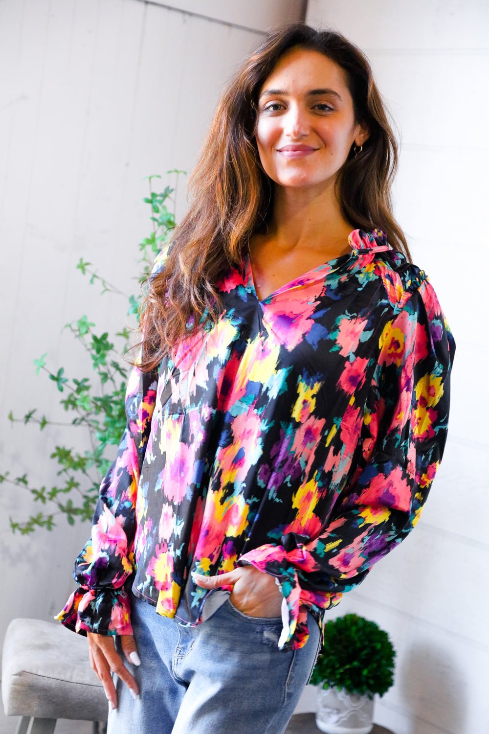 Bold and Blooming Bubble Sleeve Woven Blouse - Bitsy Gypsy Boutique