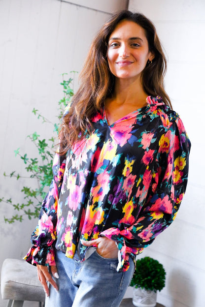 Bold and Blooming Bubble Sleeve Woven Blouse - Bitsy Gypsy Boutique