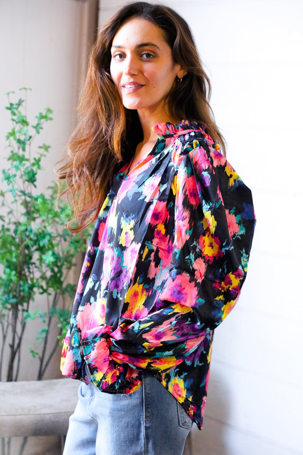 Bold and Blooming Bubble Sleeve Woven Blouse - Bitsy Gypsy Boutique