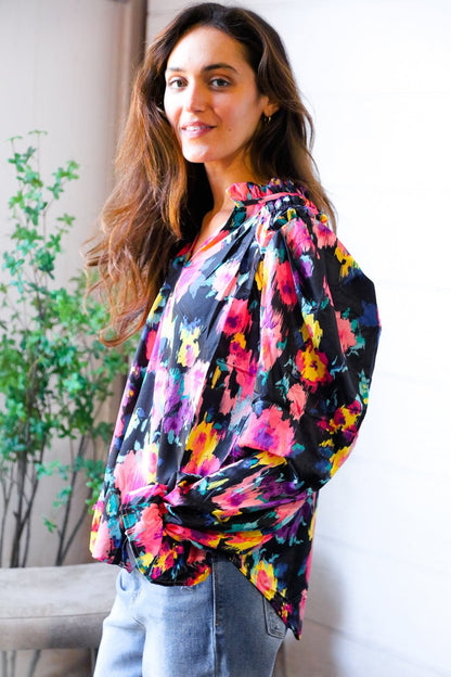 Bold and Blooming Bubble Sleeve Woven Blouse - Bitsy Gypsy Boutique