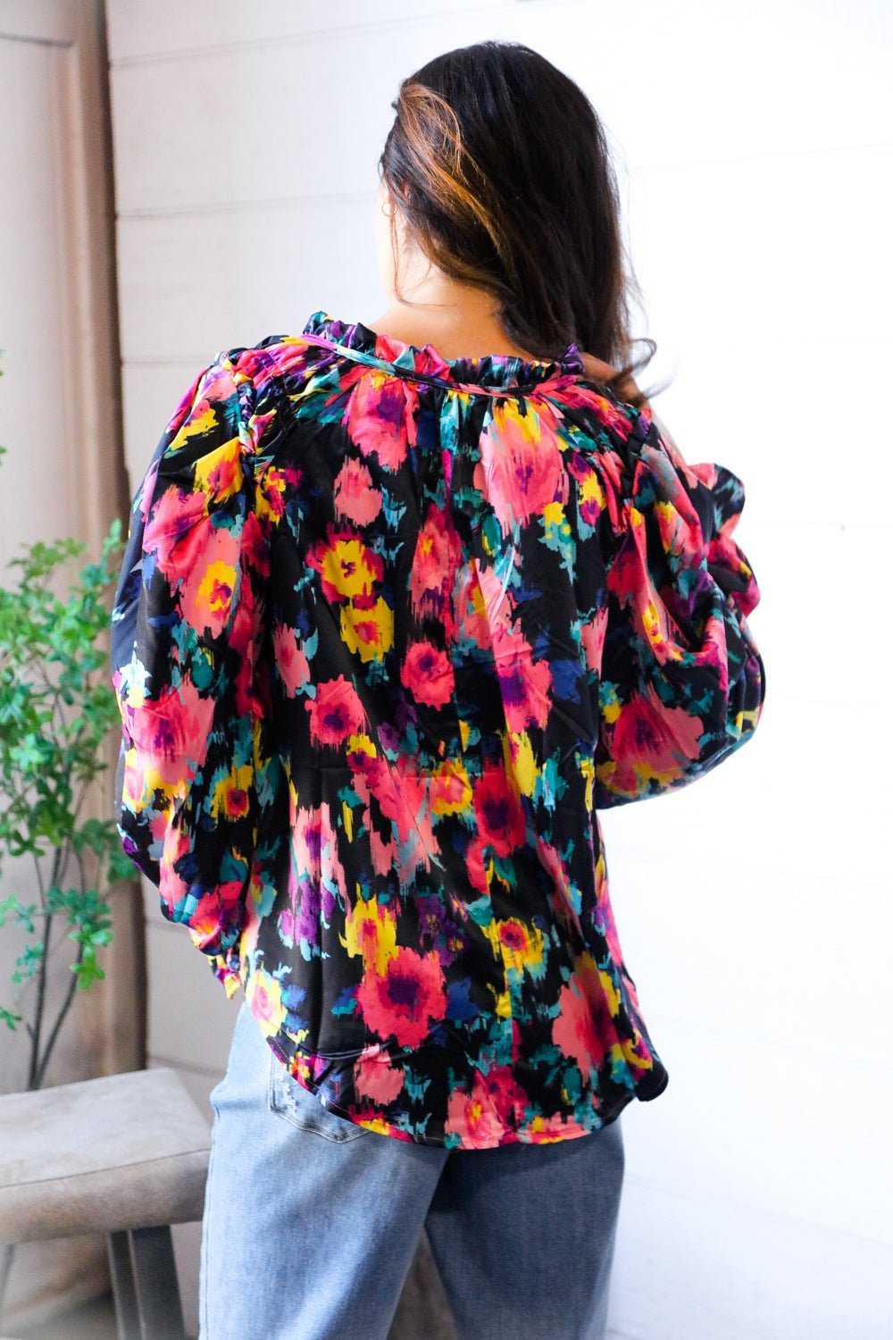 Bold and Blooming Bubble Sleeve Woven Blouse - Bitsy Gypsy Boutique