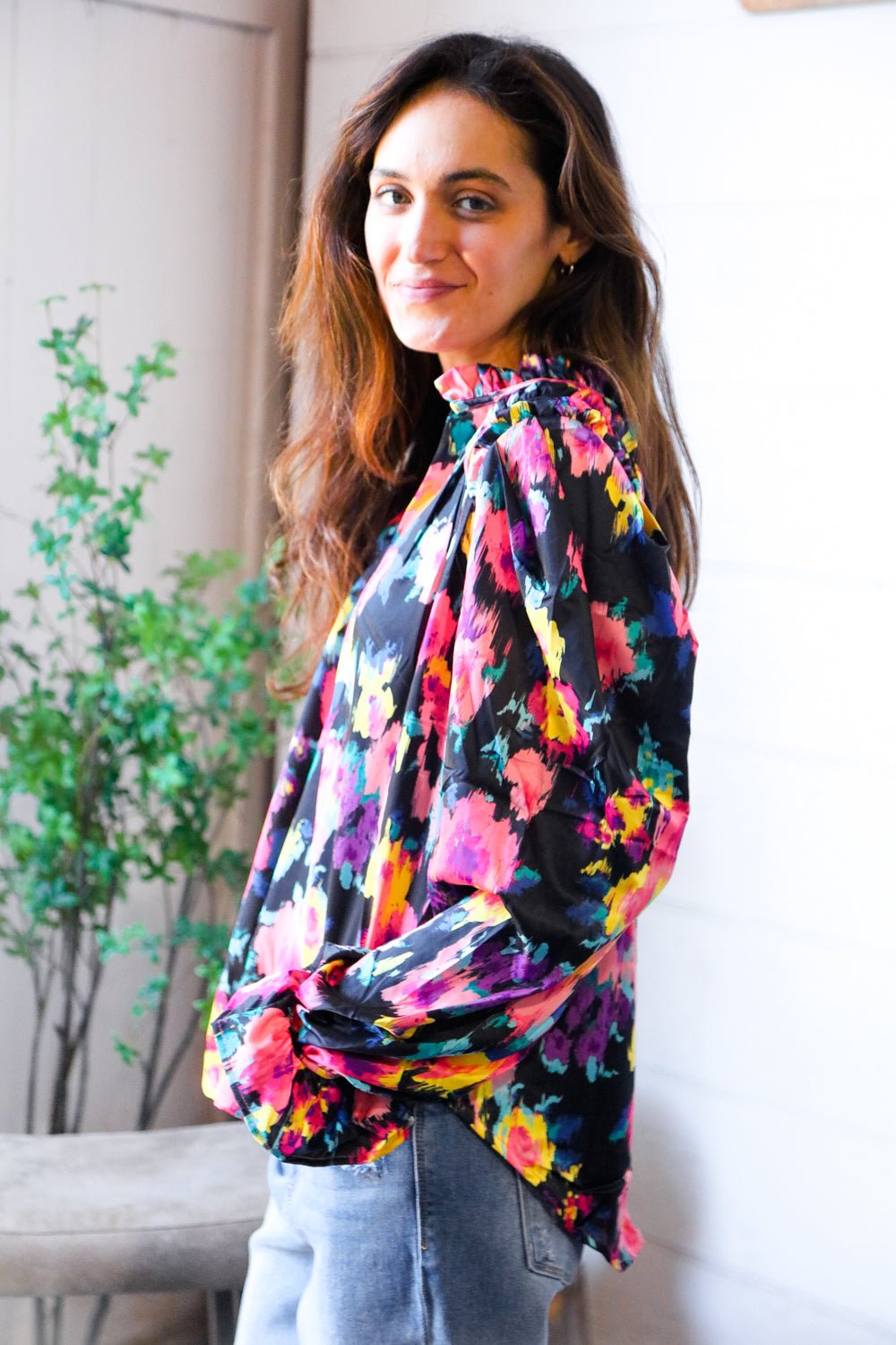 Bold and Blooming Bubble Sleeve Woven Blouse - Bitsy Gypsy Boutique
