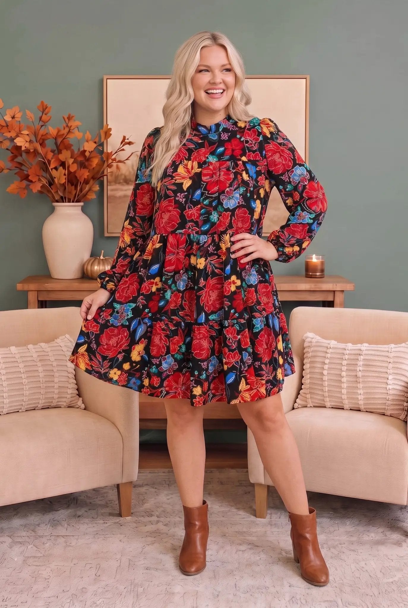 Bold Blooms Long Sleeve Tiered Mini Dress by Haptics