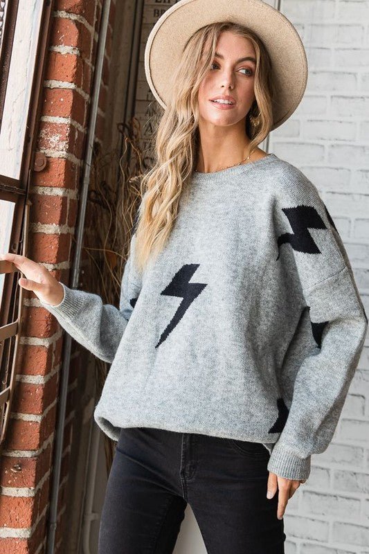 BOLT LONG SLEEVE CREW NECK SWEATER - Bitsy Gypsy Boutique