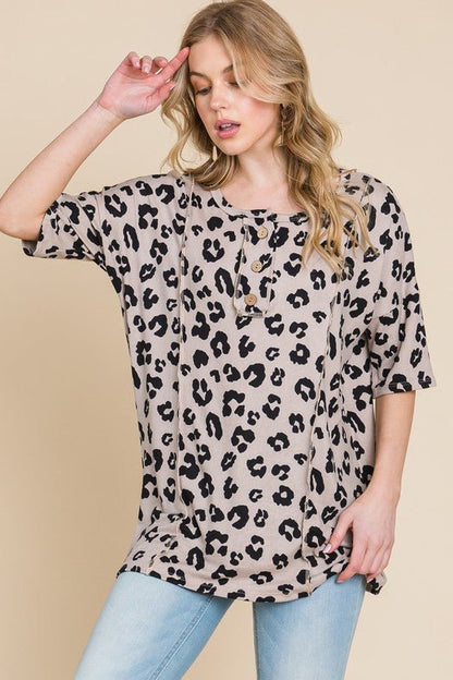 BOMBOM Button Detail Exposed Seam Leopard Half Sleeve Top - Bitsy Gypsy Boutique