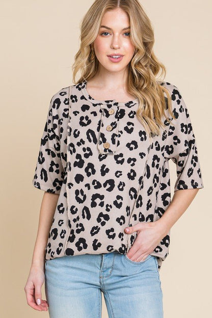 BOMBOM Button Detail Exposed Seam Leopard Half Sleeve Top - Bitsy Gypsy Boutique