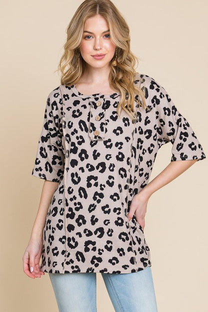 BOMBOM Button Detail Exposed Seam Leopard Half Sleeve Top - Bitsy Gypsy Boutique