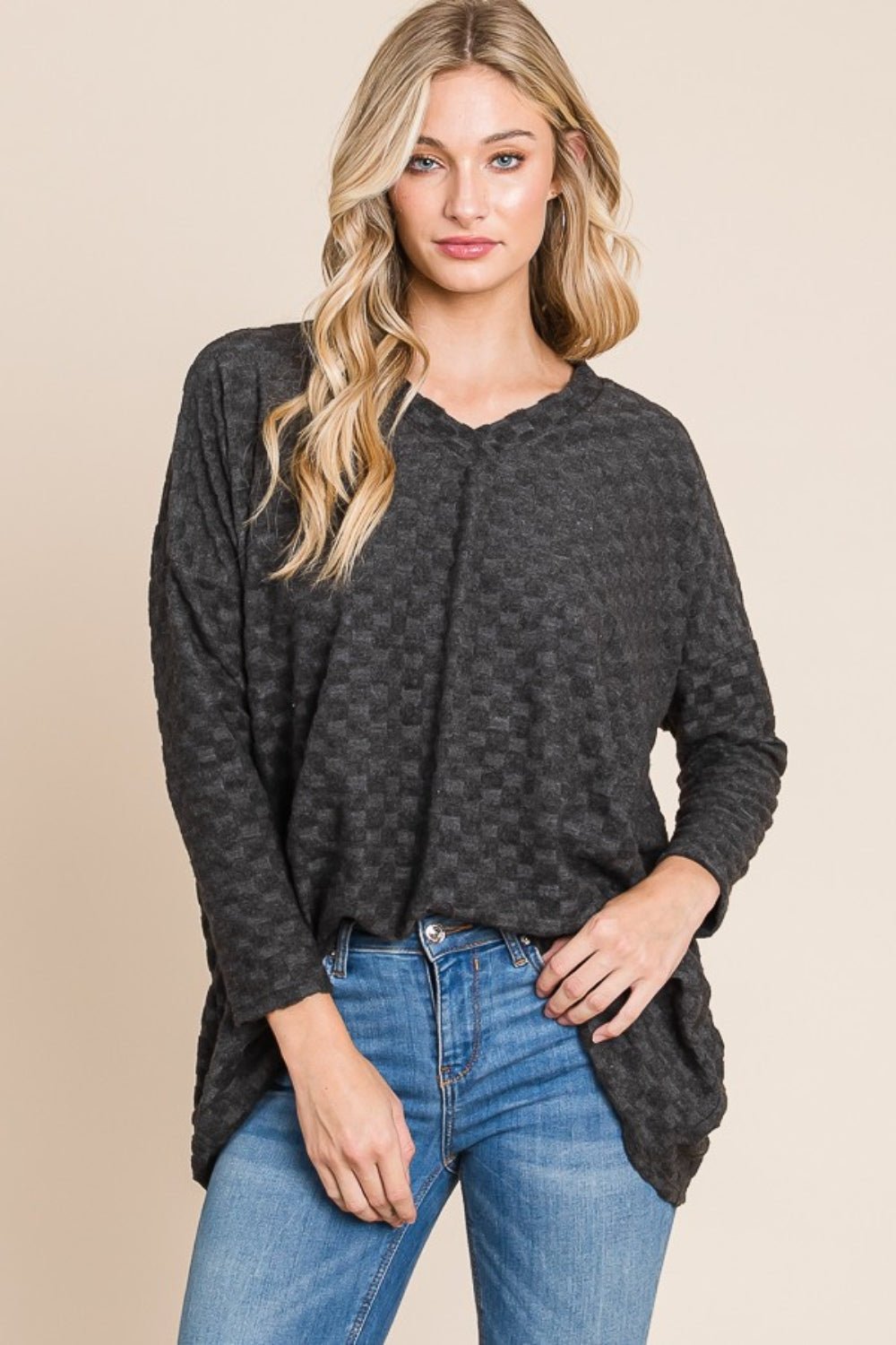 BOMBOM Checkered Long Sleeve V - Neck T - Shirt - Bitsy Gypsy Boutique