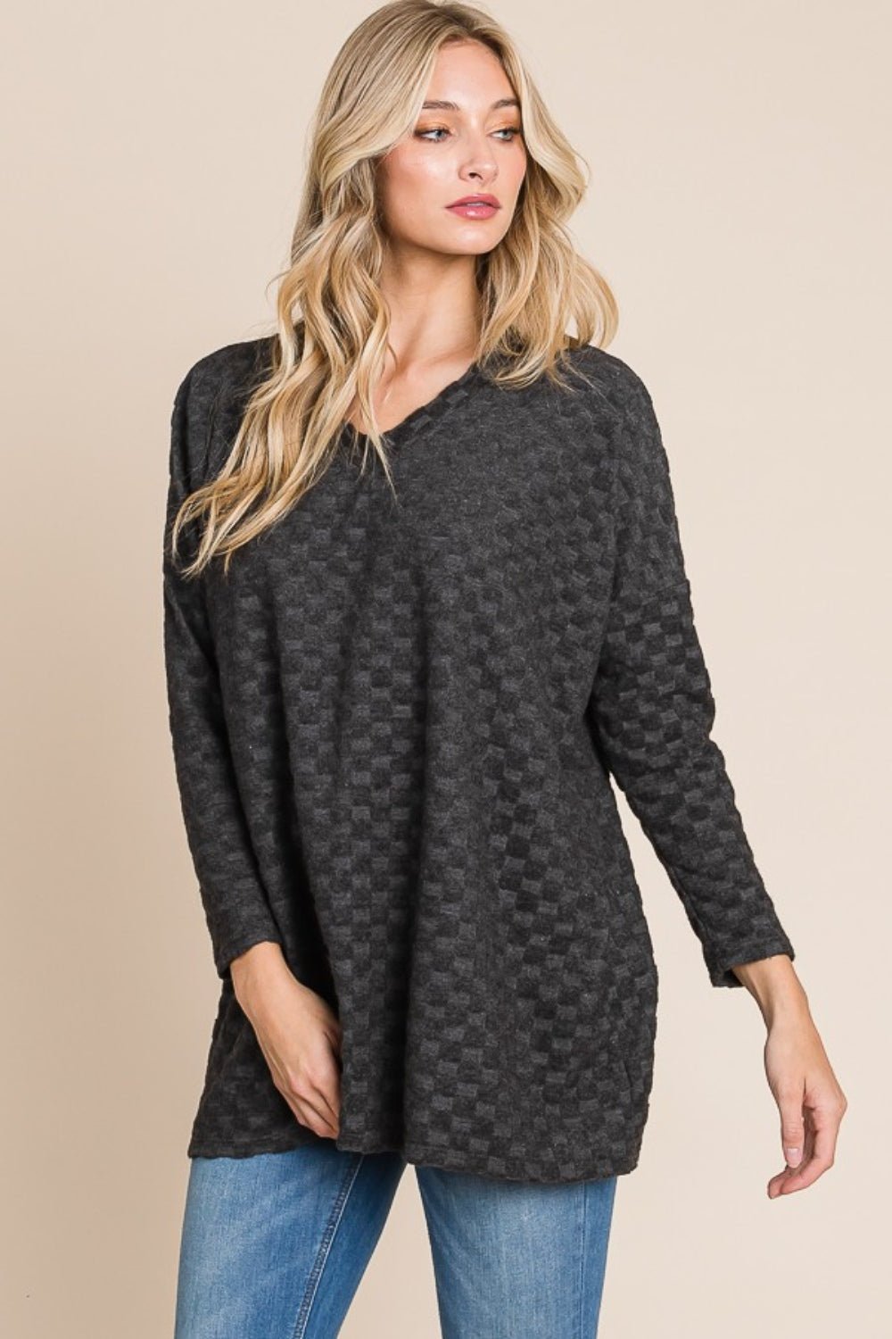 BOMBOM Checkered Long Sleeve V - Neck T - Shirt - Bitsy Gypsy Boutique