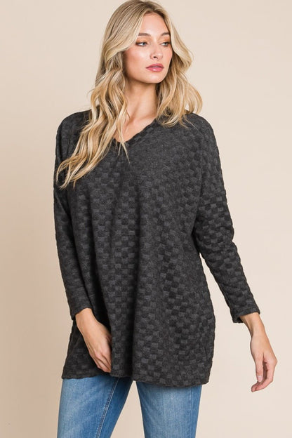 BOMBOM Checkered Long Sleeve V - Neck T - Shirt - Bitsy Gypsy Boutique