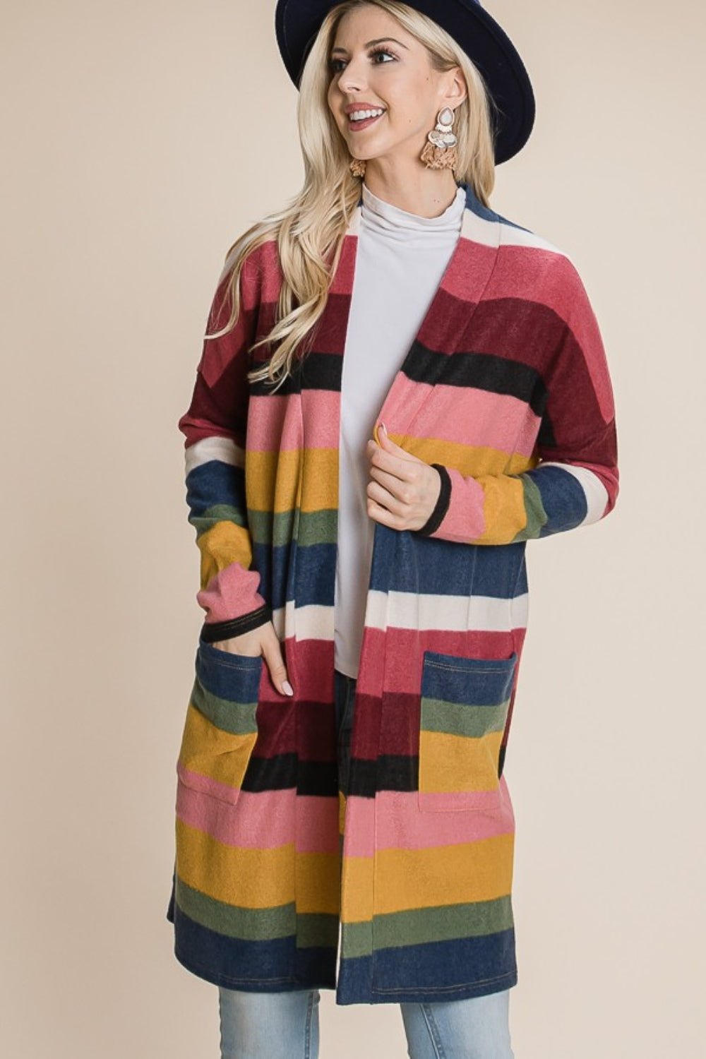 BOMBOM Color Block Striped Open Front Cardigan - Bitsy Gypsy Boutique