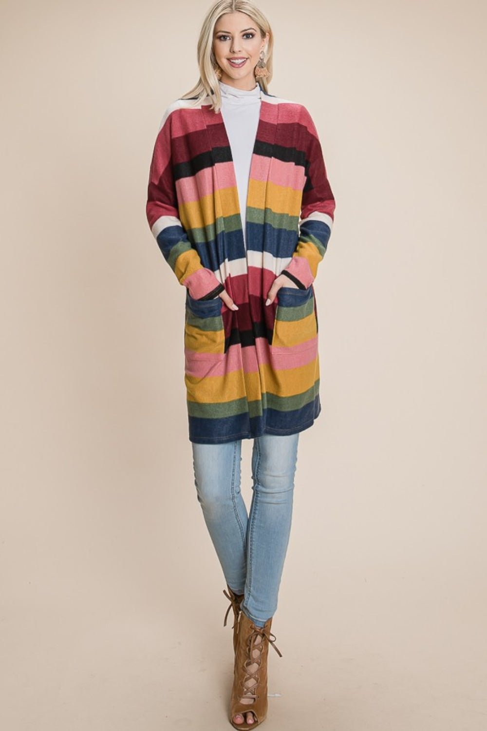 BOMBOM Color Block Striped Open Front Cardigan - Bitsy Gypsy Boutique