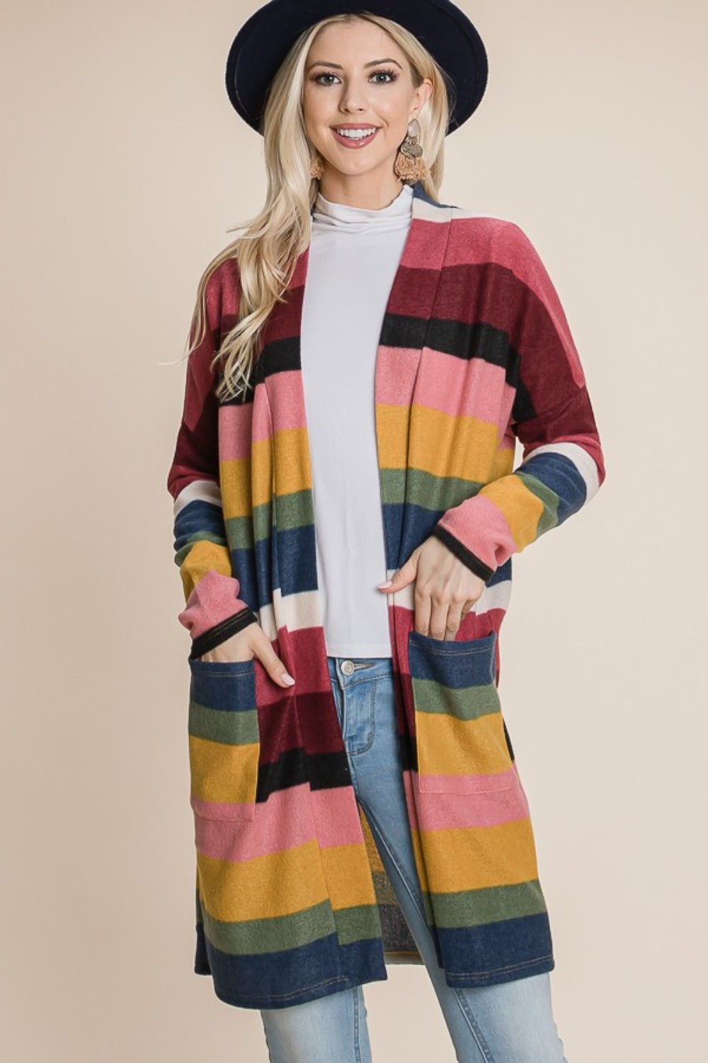 BOMBOM Color Block Striped Open Front Cardigan - Bitsy Gypsy Boutique