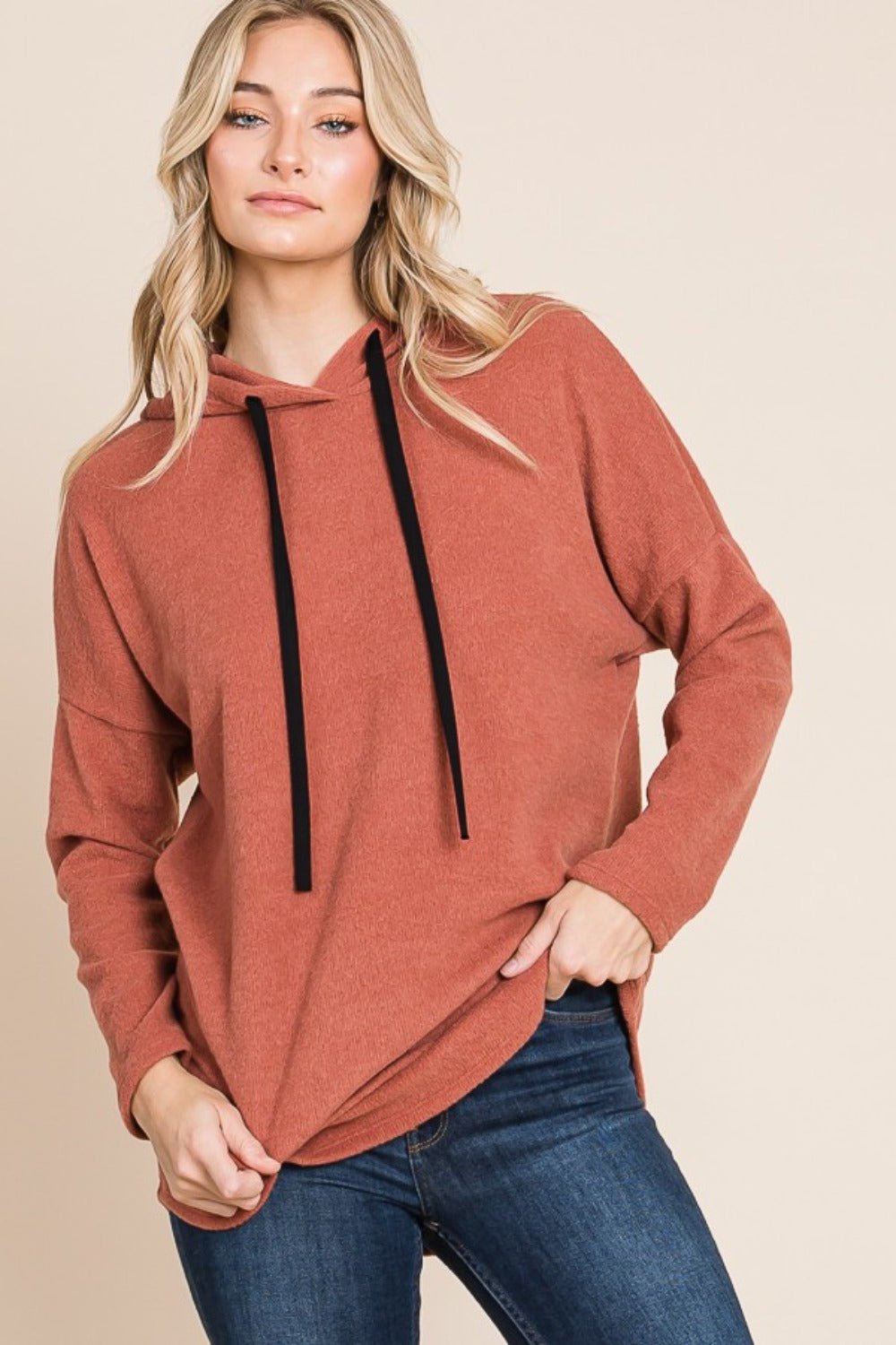 BOMBOM Contrast Drawstring Drop Shoulder Knit Hoodie - Bitsy Gypsy Boutique