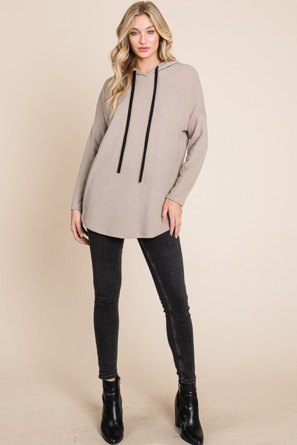 BOMBOM Contrast Drawstring Drop Shoulder Knit Hoodie - Bitsy Gypsy Boutique