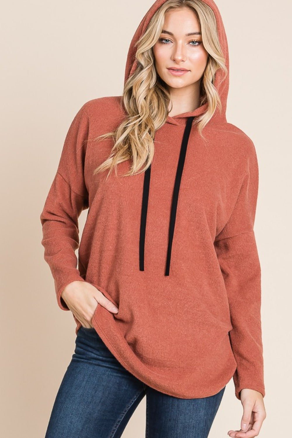 BOMBOM Contrast Drawstring Drop Shoulder Knit Hoodie - Bitsy Gypsy Boutique