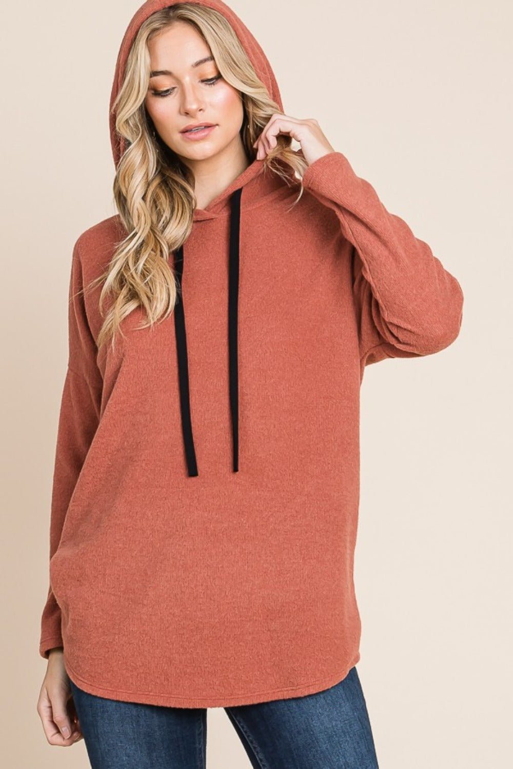 BOMBOM Contrast Drawstring Drop Shoulder Knit Hoodie - Bitsy Gypsy Boutique