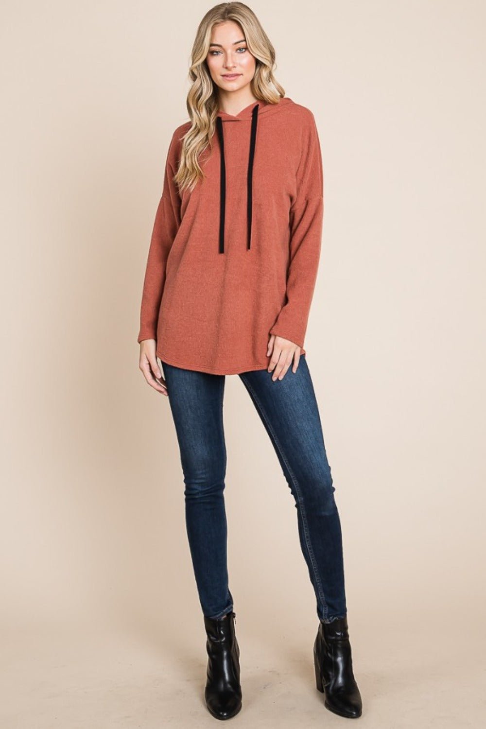 BOMBOM Contrast Drawstring Drop Shoulder Knit Hoodie - Bitsy Gypsy Boutique