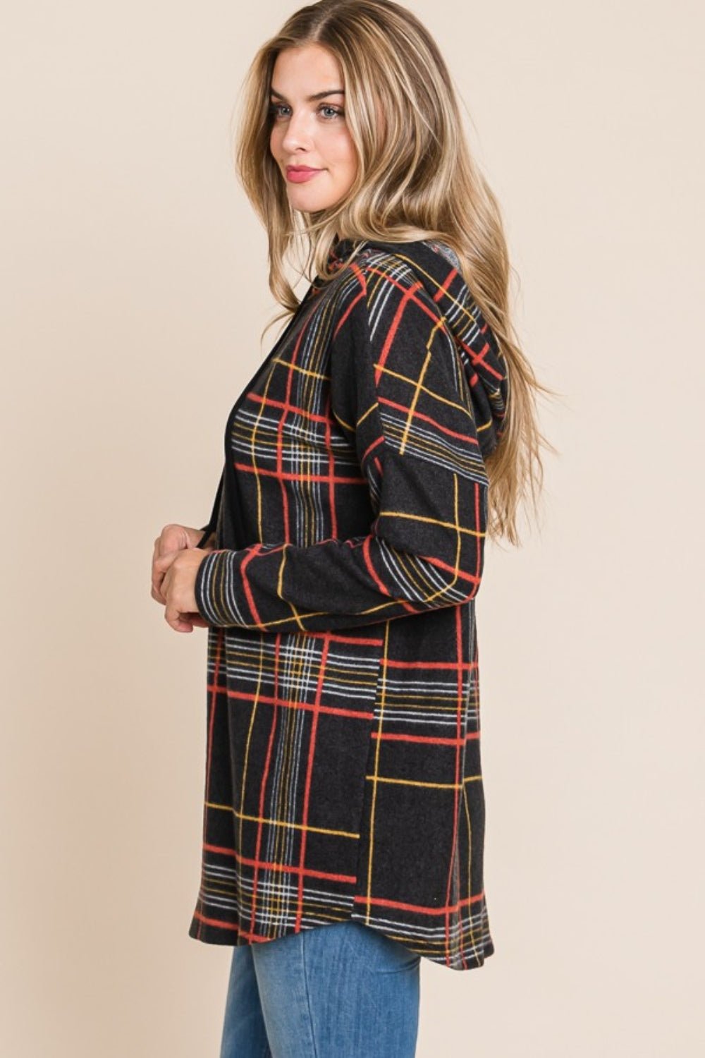 BOMBOM Drawstring Plaid Long Sleeve Hoodie - Bitsy Gypsy Boutique