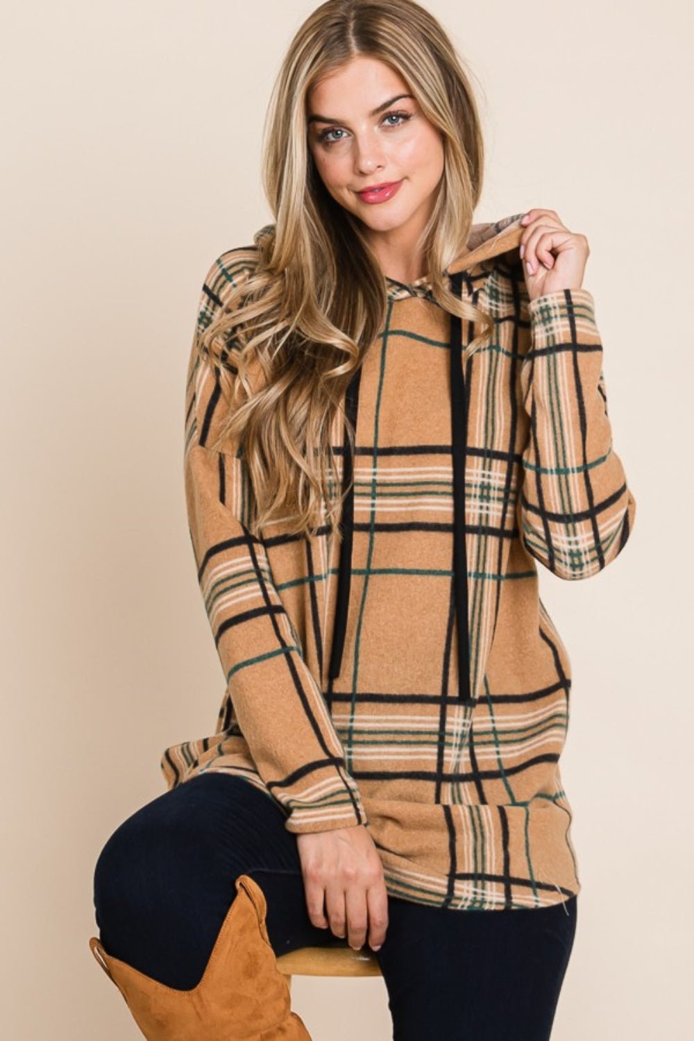 BOMBOM Drawstring Plaid Long Sleeve Hoodie - Bitsy Gypsy Boutique