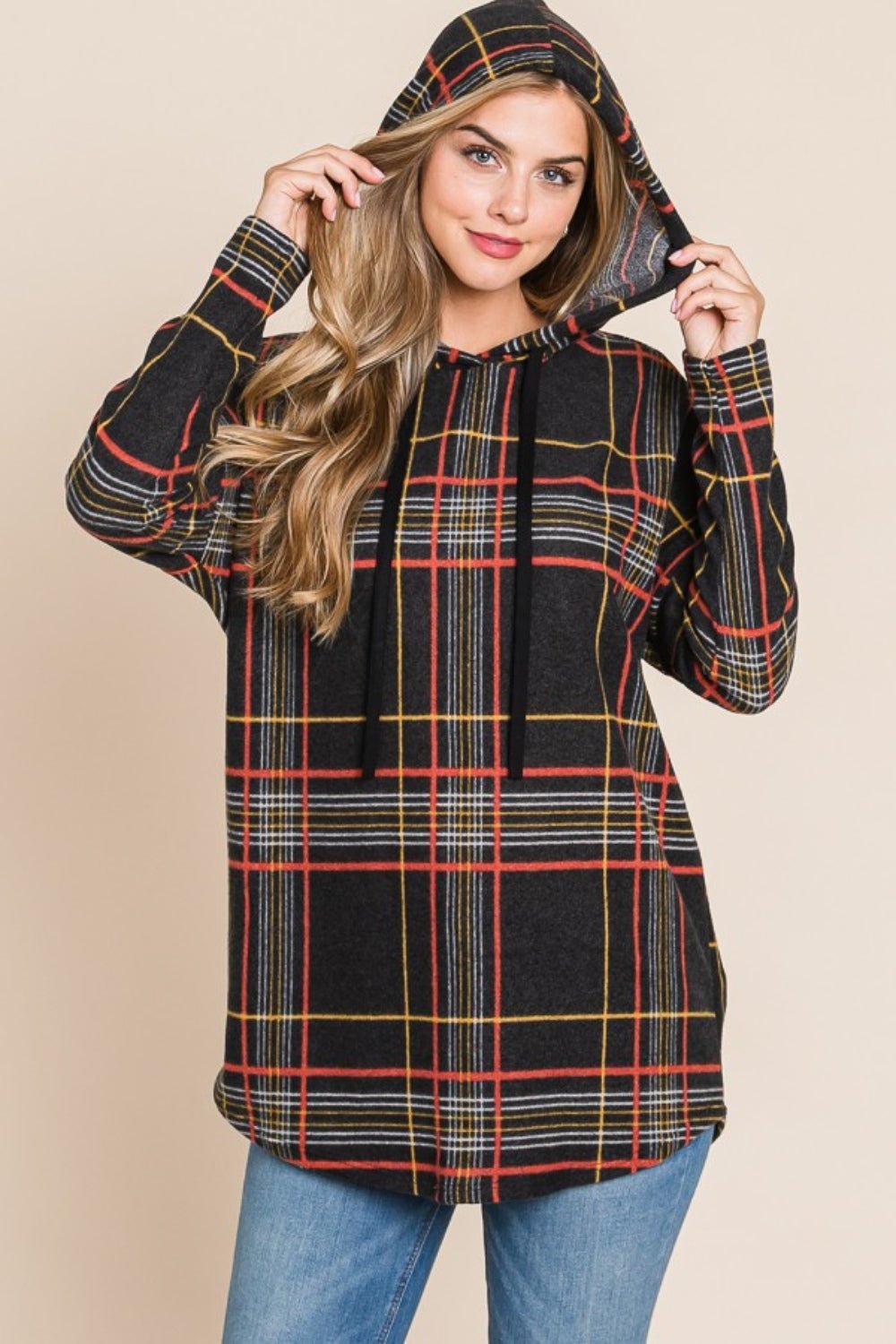 BOMBOM Drawstring Plaid Long Sleeve Hoodie - Bitsy Gypsy Boutique