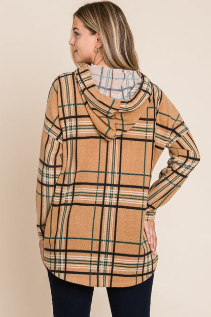 BOMBOM Drawstring Plaid Long Sleeve Hoodie - Bitsy Gypsy Boutique