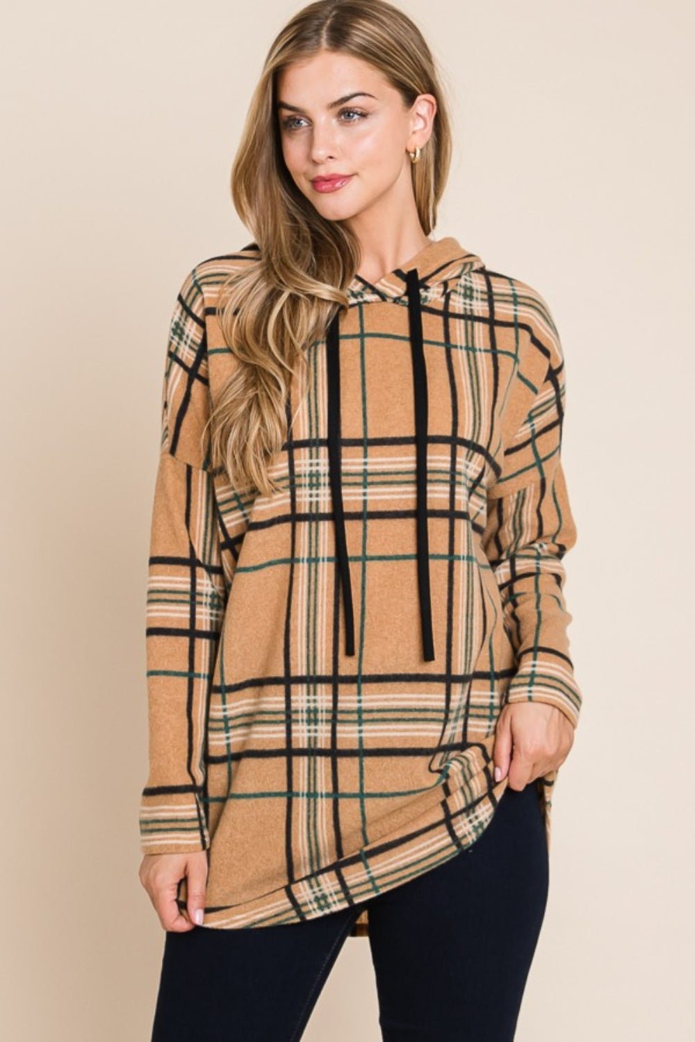 BOMBOM Drawstring Plaid Long Sleeve Hoodie - Bitsy Gypsy Boutique