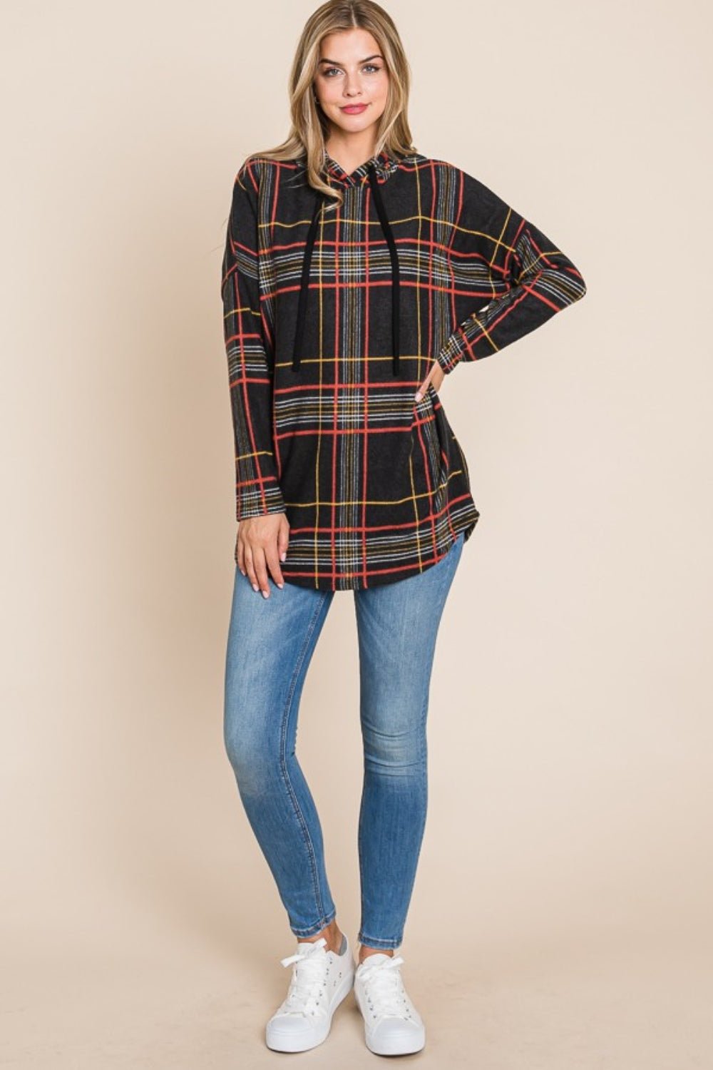 BOMBOM Drawstring Plaid Long Sleeve Hoodie - Bitsy Gypsy Boutique