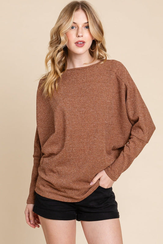 BOMBOM Drop Shoulder Long Sleeve Knit Top - Bitsy Gypsy Boutique