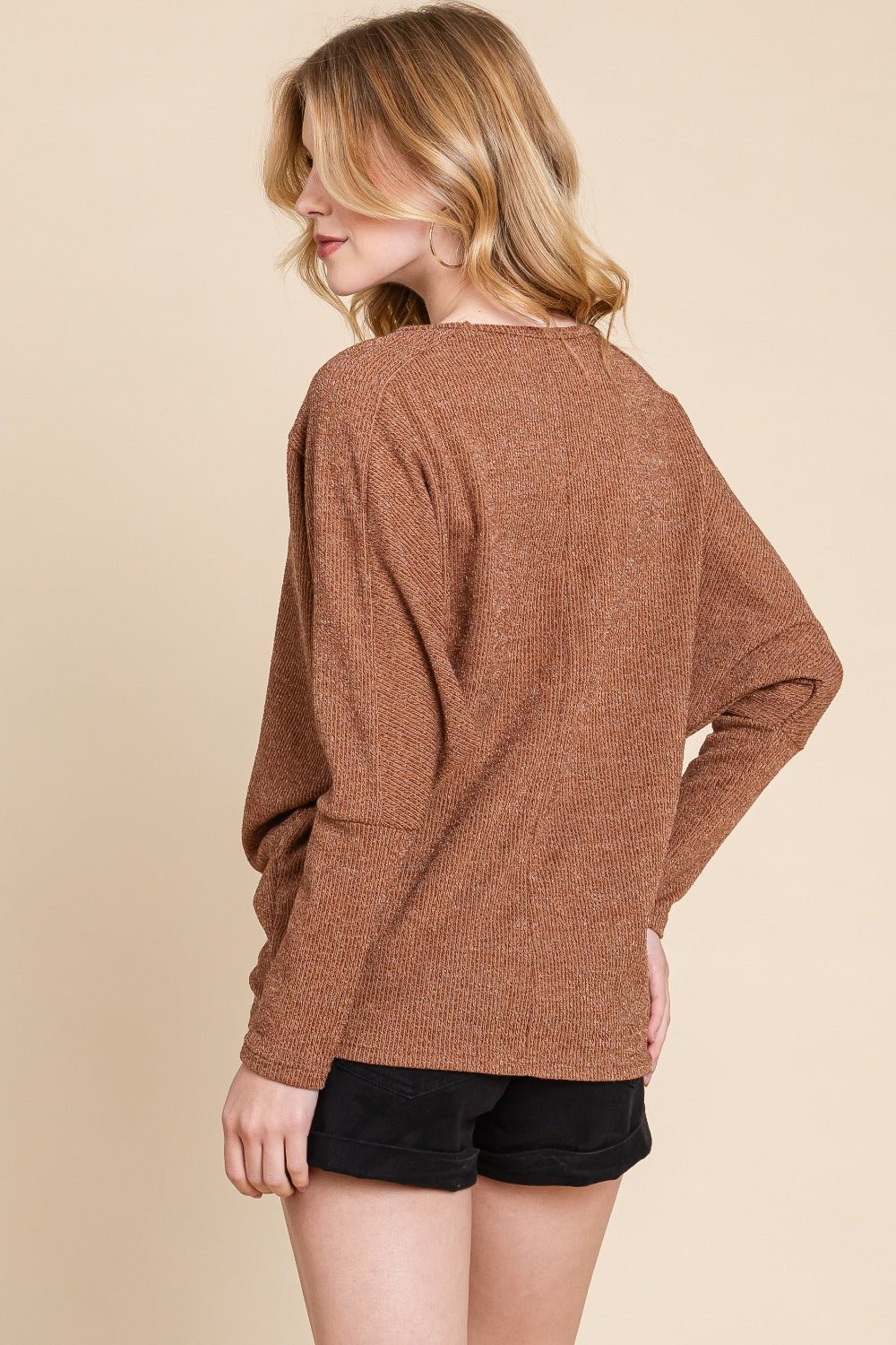 BOMBOM Drop Shoulder Long Sleeve Knit Top - Bitsy Gypsy Boutique