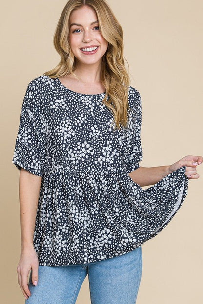 BOMBOM Floral Round Neck Peplum Blouse - Bitsy Gypsy Boutique