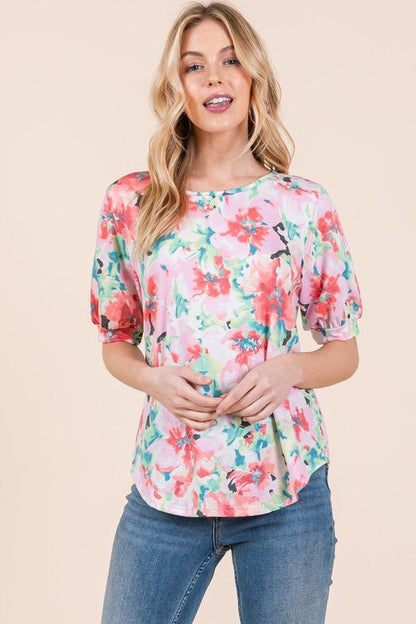 BOMBOM Floral Round Neck Puff Sleeve Top - Bitsy Gypsy Boutique