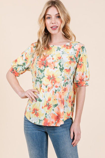 BOMBOM Floral Round Neck Puff Sleeve Top - Bitsy Gypsy Boutique