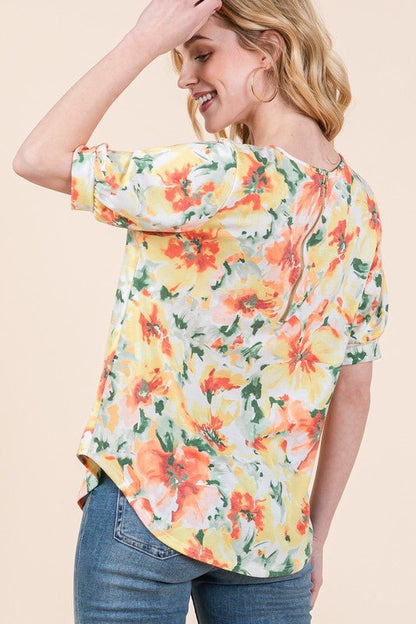 BOMBOM Floral Round Neck Puff Sleeve Top - Bitsy Gypsy Boutique