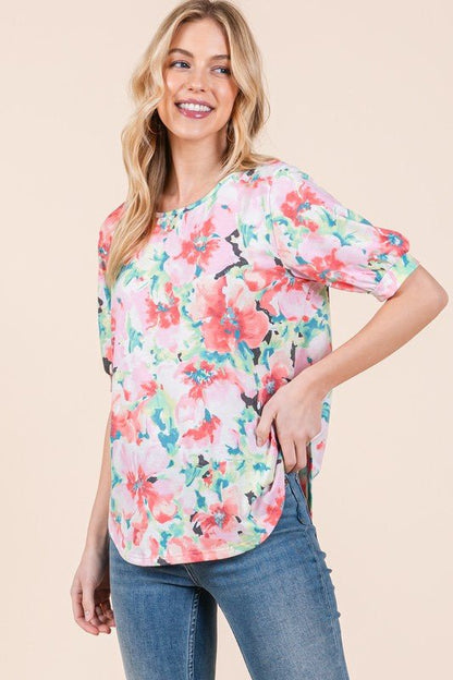 BOMBOM Floral Round Neck Puff Sleeve Top - Bitsy Gypsy Boutique