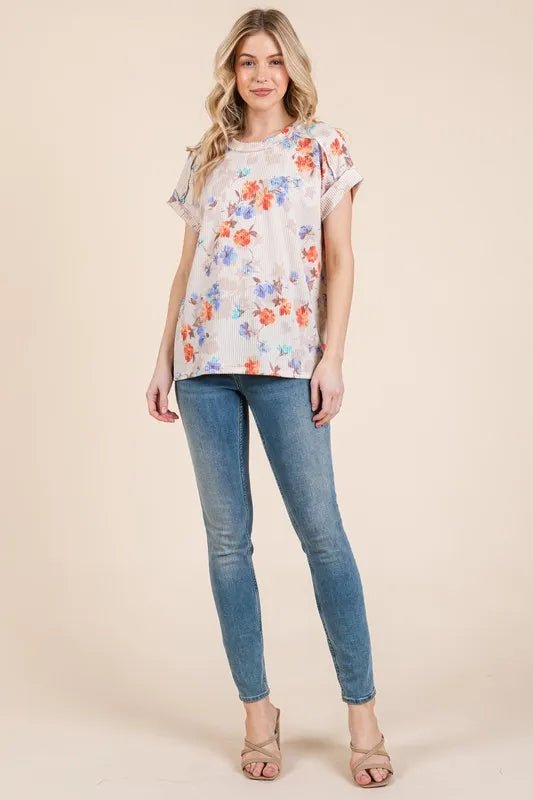 BOMBOM Floral Round Neck RIbbed T-Shirt - Bitsy Gypsy Boutique