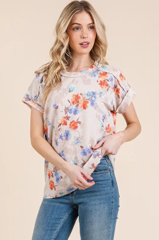 BOMBOM Floral Round Neck RIbbed T-Shirt - Bitsy Gypsy Boutique