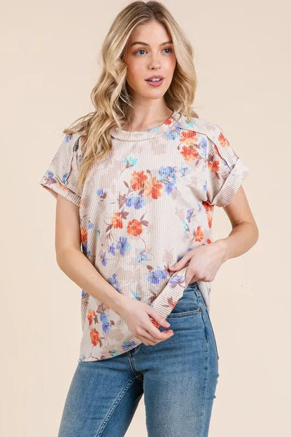 BOMBOM Floral Round Neck RIbbed T-Shirt - Bitsy Gypsy Boutique