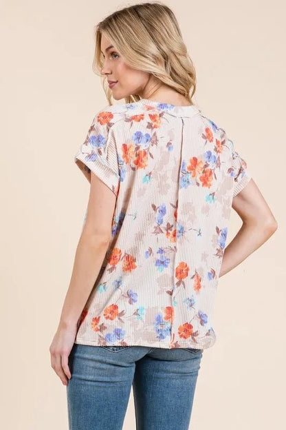 BOMBOM Floral Round Neck RIbbed T-Shirt - Bitsy Gypsy Boutique